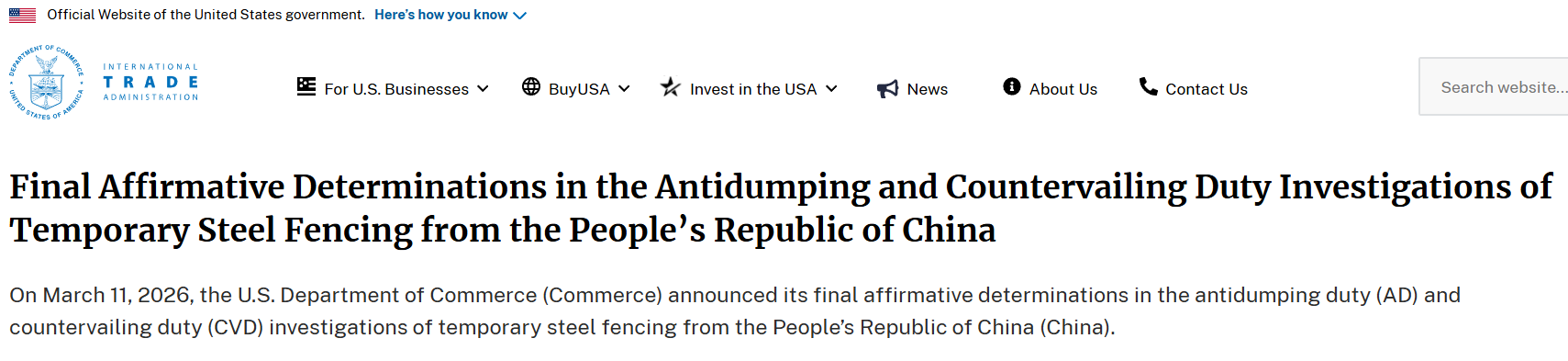 U.S. Issues Final Anti-Dumping and Countervailing Duty Determinations on Temporary Steel Fencing from China, Combined Rate Up to 233%