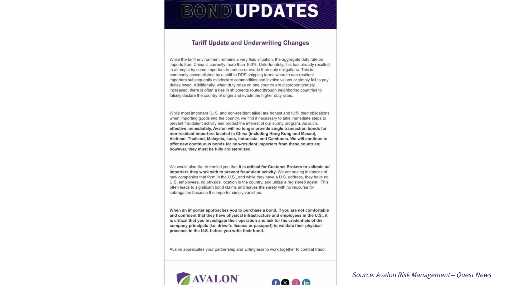 美国担保公司 Avalon 暂停 Single Transaction Bond